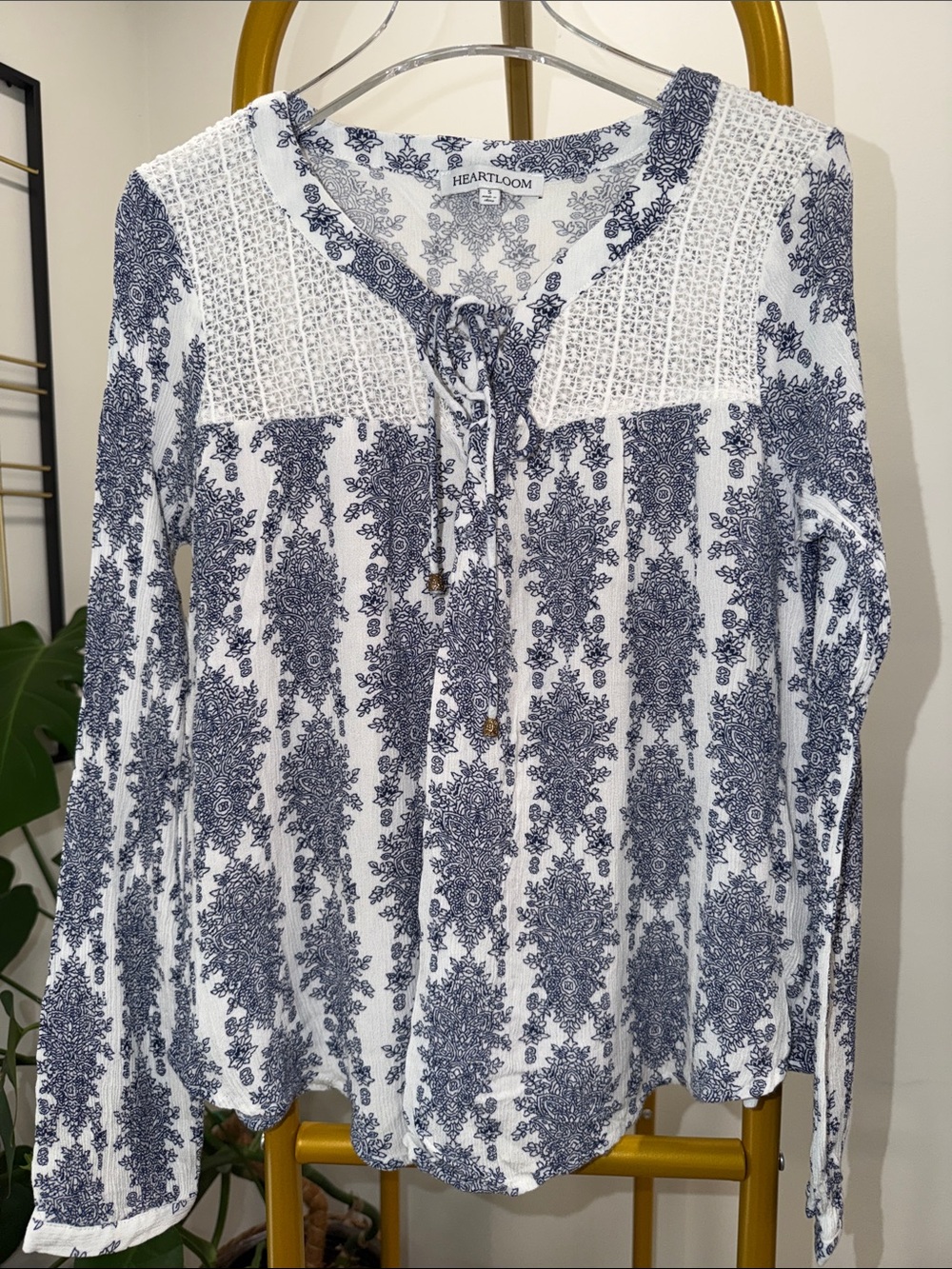 Heartloom White and Navy Lace-Yoke Printed Peasant Blouse
